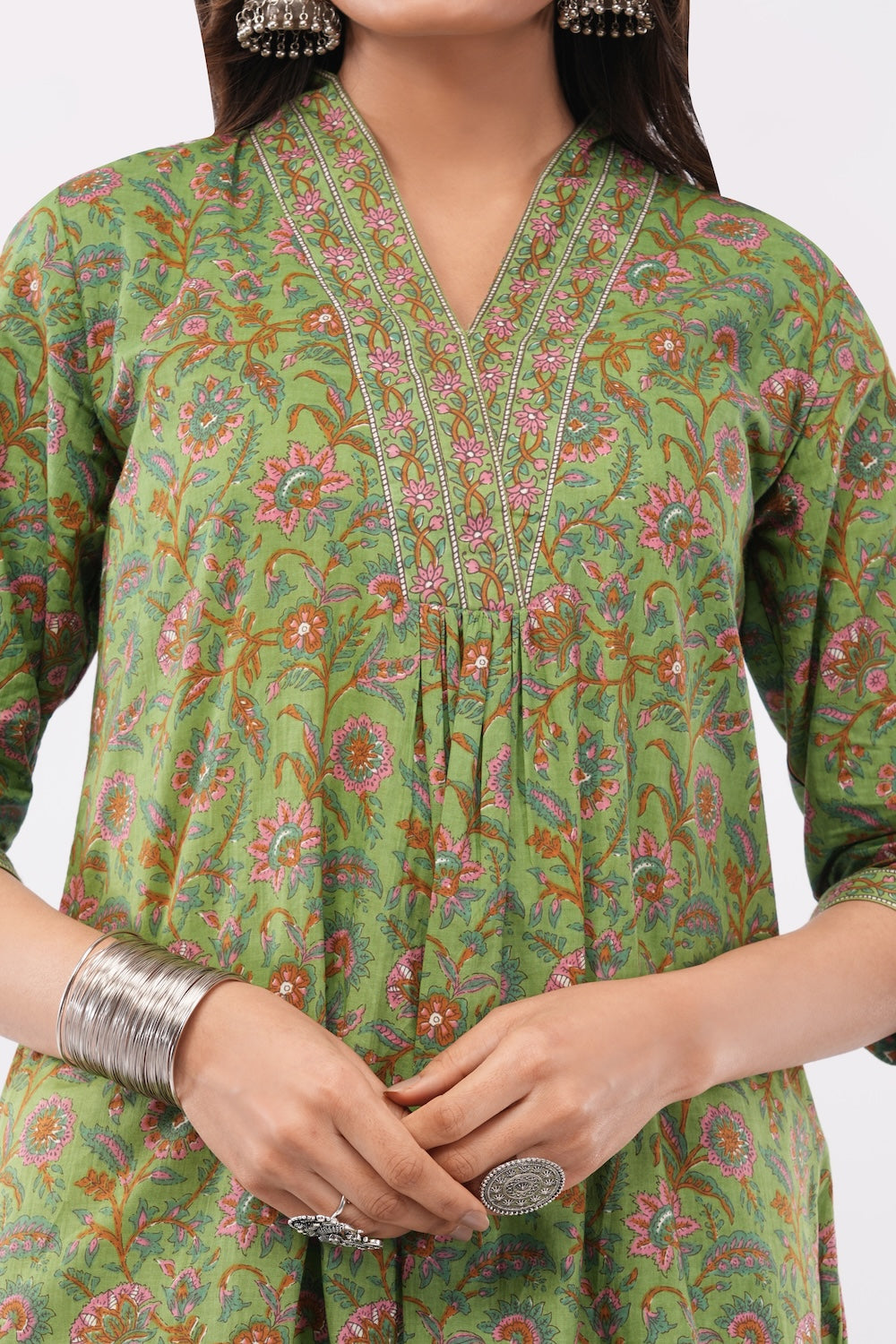 Women Cotton Ethnic Green Printed Anarkali Style 3 Piece Kurti Palazzo Set With Dupatta