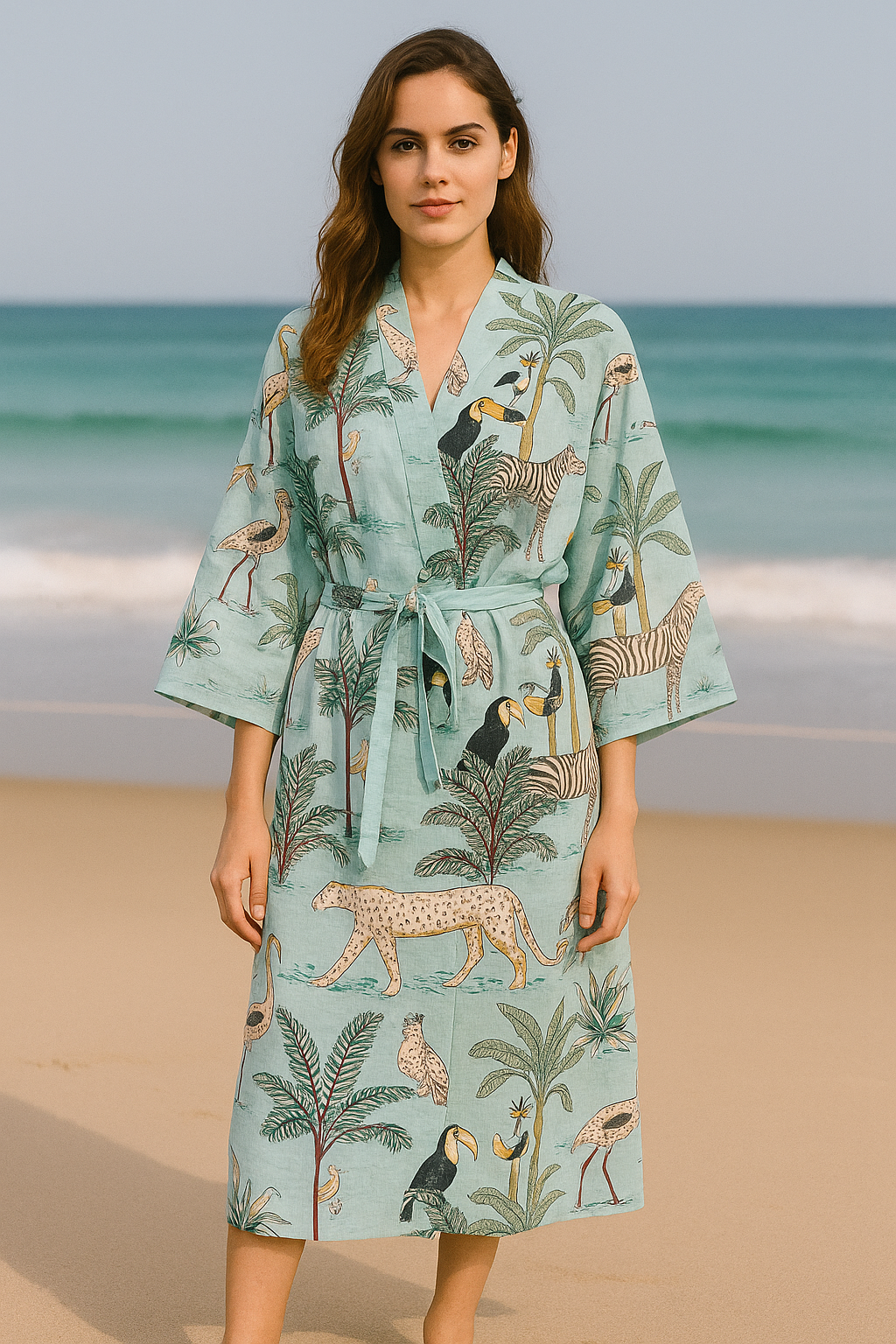 Cotton Safari Animal Printed Turquoise Kimono Kaftan Bathrobe