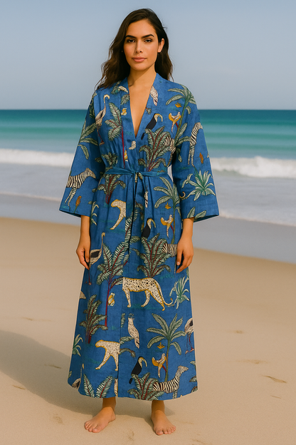 Cotton Safari Animal Printed Deep Blue Kimono Kaftan Bathrobe