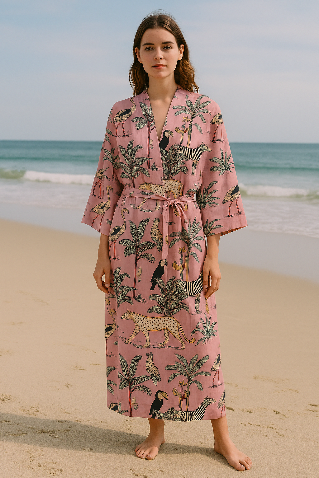 Cotton Safari Animal Printed Pink Kimono Kaftan Bathrobe