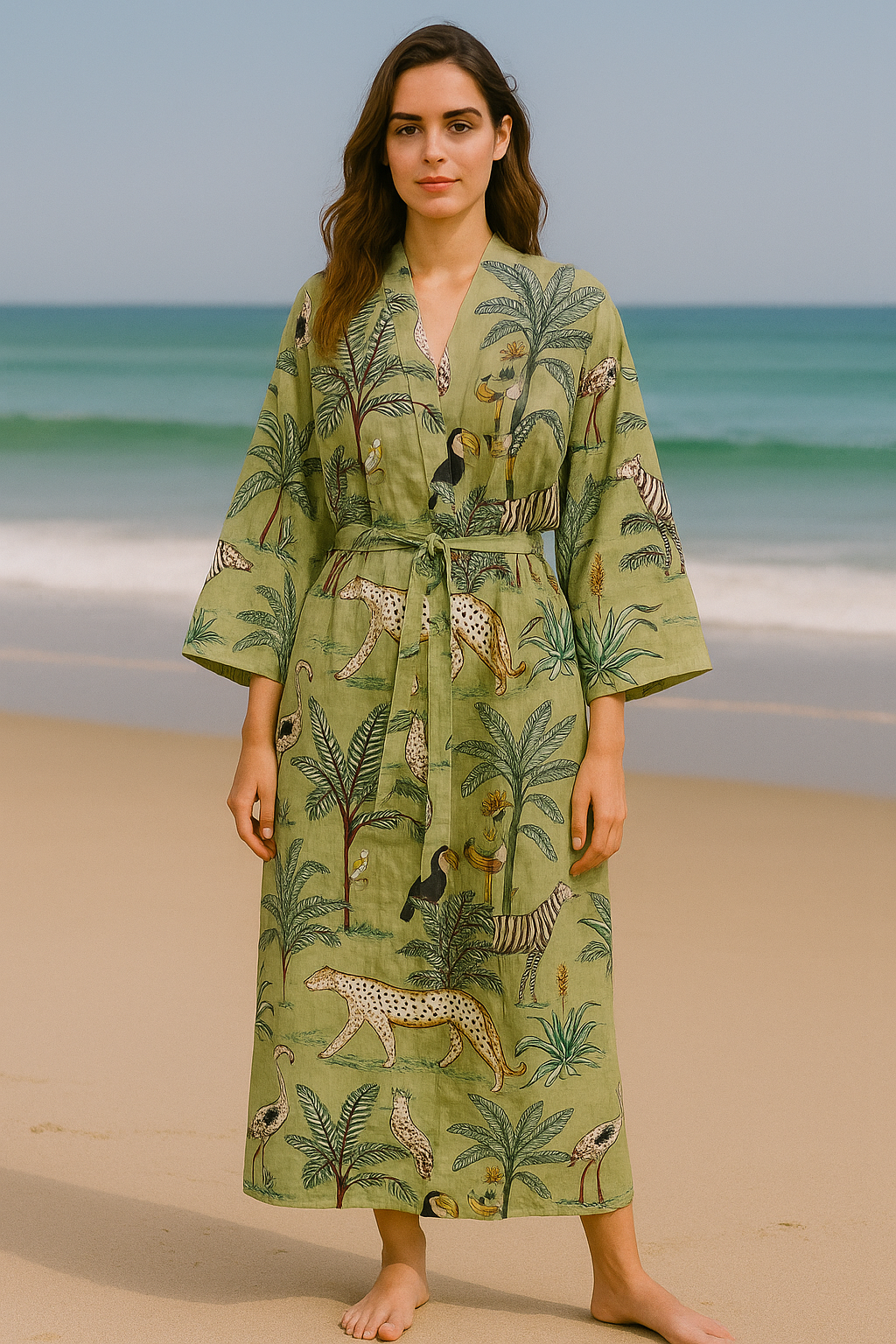 Cotton Safari Animal Printed Olive Green Kimono Kaftan Bathrobe