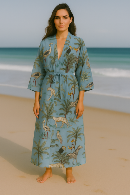 Cotton Safari Animal Printed Sky Blue Kimono Kaftan Bathrobe