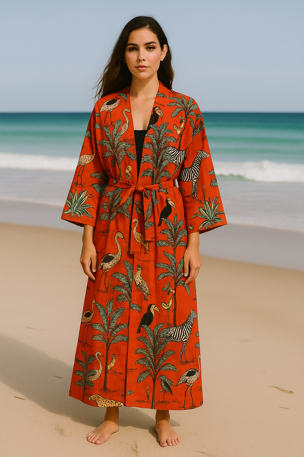 Cotton Safari Animal Printed Orange Kimono Kaftan Bathrobe