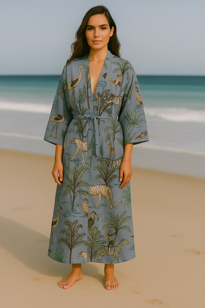 Cotton Safari Animal Printed Dusty Blue Kimono Kaftan Bathrobe