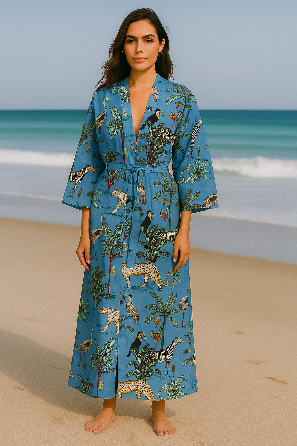 Cotton Safari Animal Printed Lt Blue Kimono Kaftan Bathrobe