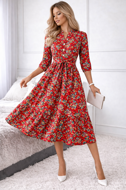 Women Cotton Red Floral Midi Dress | Casual A-Line Summer Dress