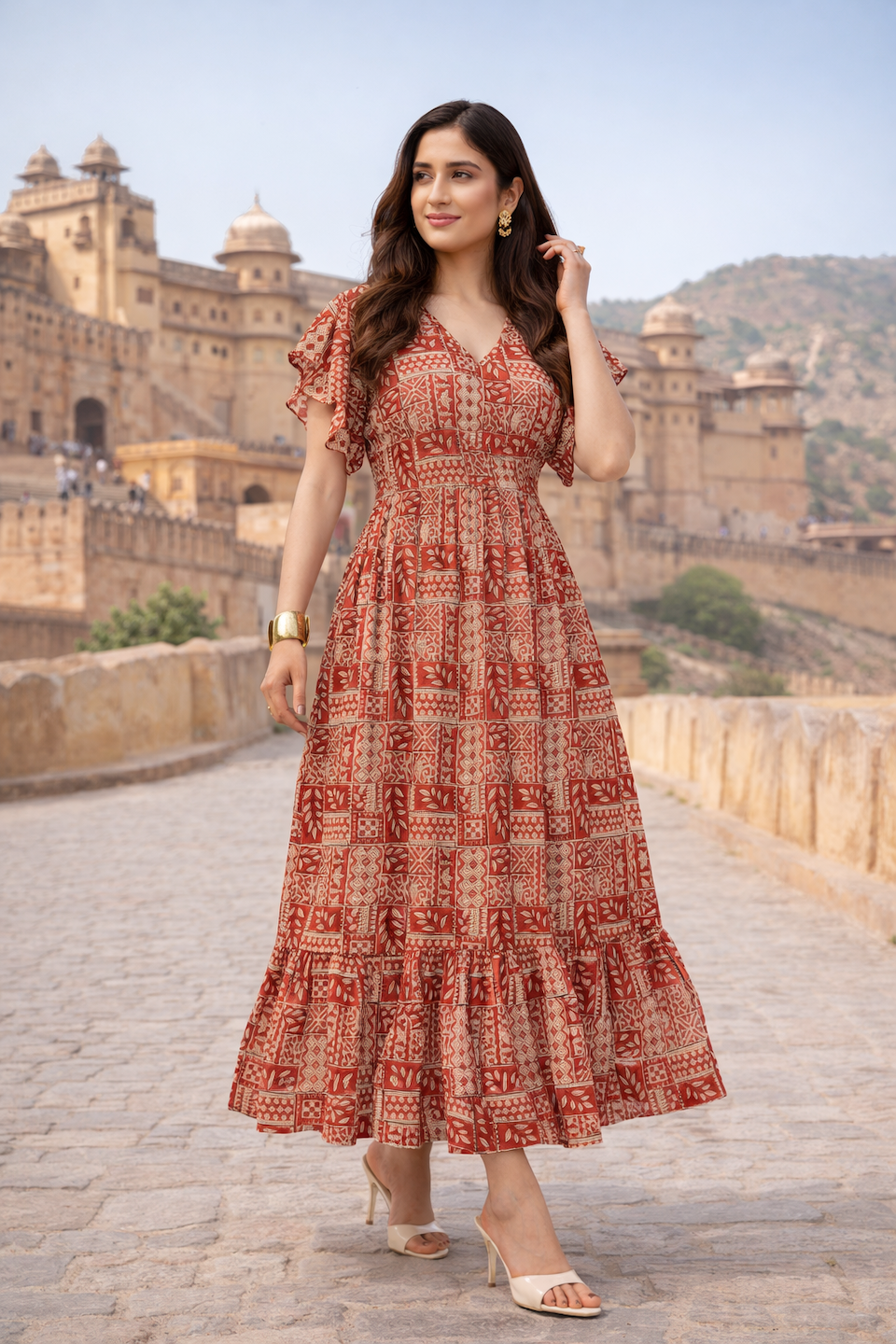 Floral Cotton Antique Rust Long Maxi Dress with Smocked Waist & Ruffle Sleeves