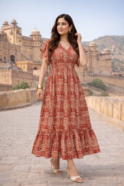 Floral Cotton Antique Rust Long Maxi Dress with Smocked Waist & Ruffle Sleeves