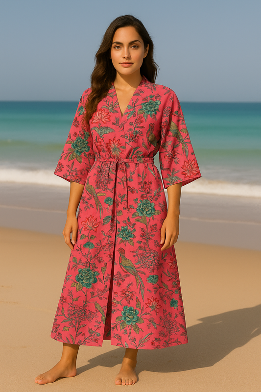 Cotton Bird Printed Pink Kimono Kaftan Bathrobe