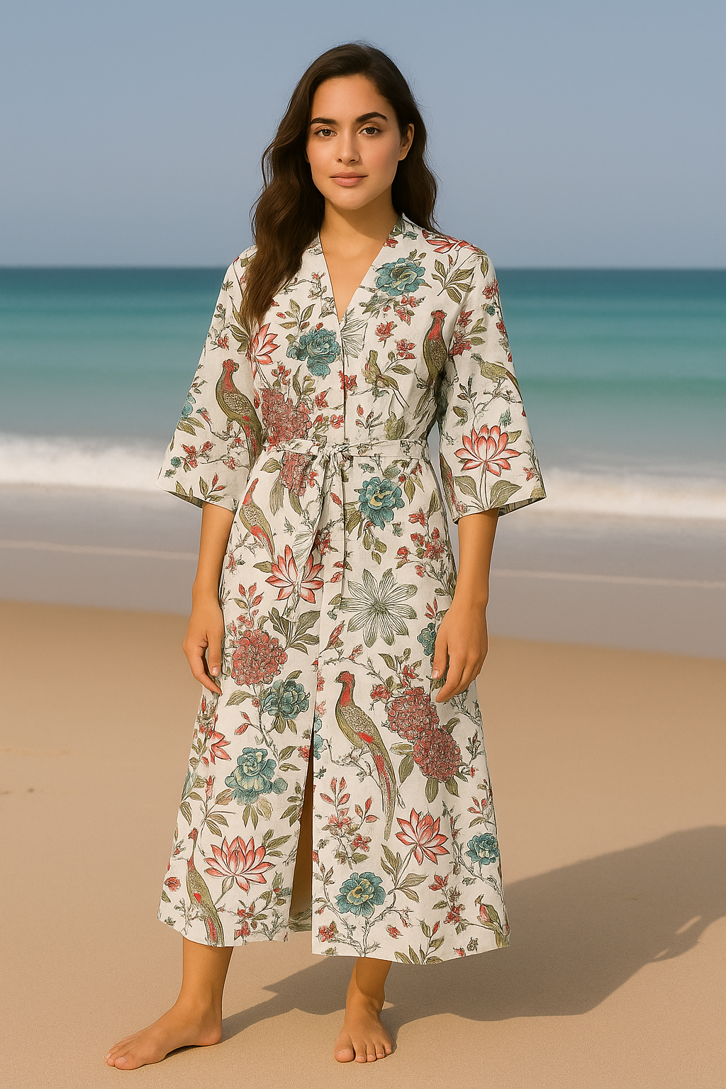 Cotton Bird Printed White Kimono Kaftan Bathrobe