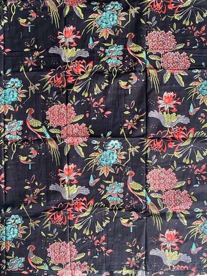 Cotton Bird Printed Black Kimono Kaftan Bathrobe