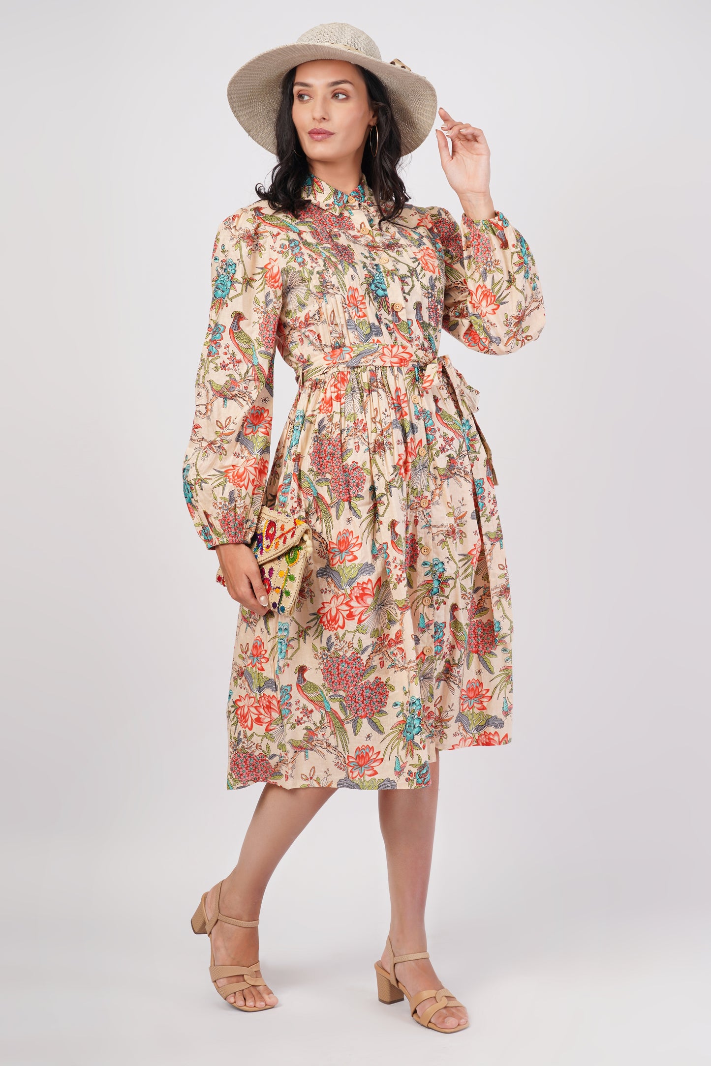 Tropical Avery Pleated Cotton Dress – Bird & Bloom Shirt Midi