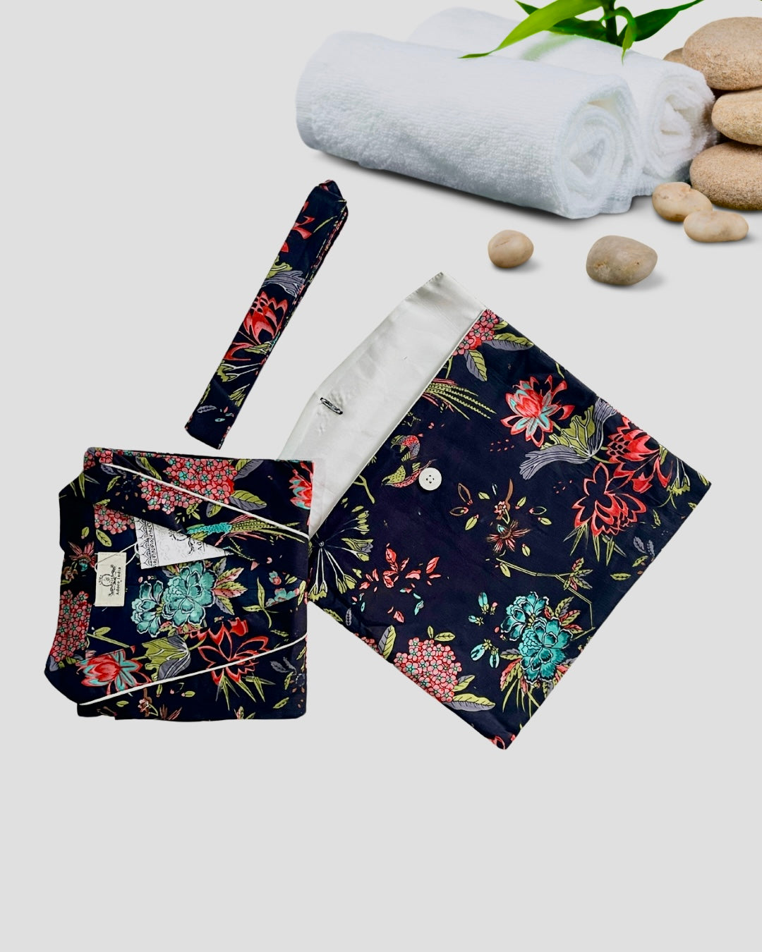 Cotton Bird Printed Black Kimono Kaftan Bathrobe