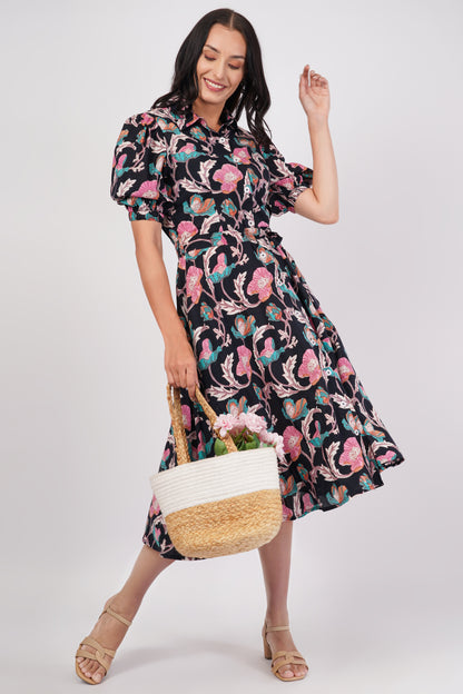 Midnight Love Short Sleeve Cotton Dress – Floral Elegance in Black