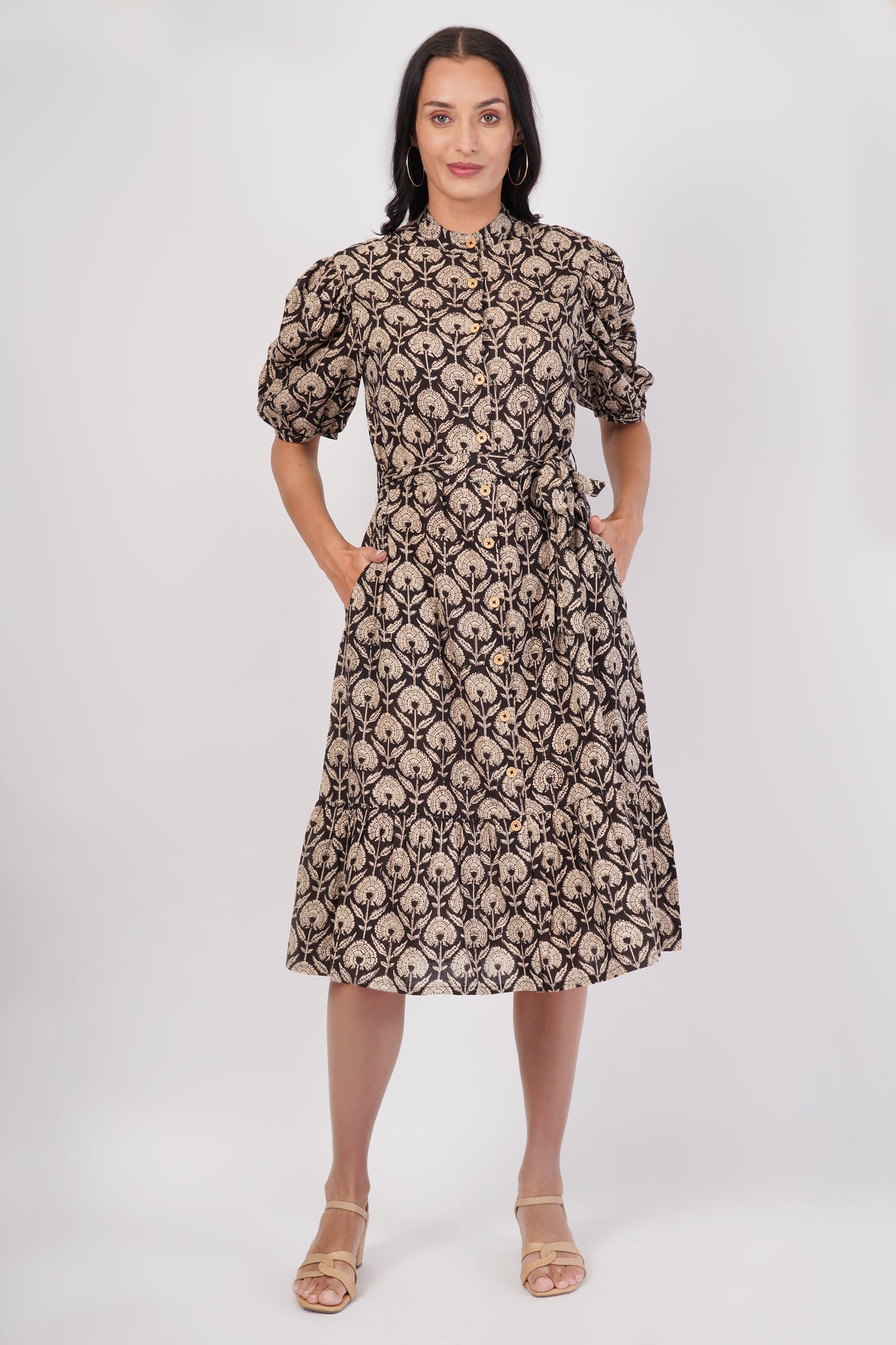 Indira Cotton Traditional Hand Block Printed Black Tiered Dress