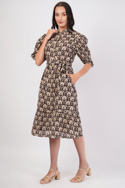 Indira Cotton Traditional Hand Block Printed Black Tiered Dress