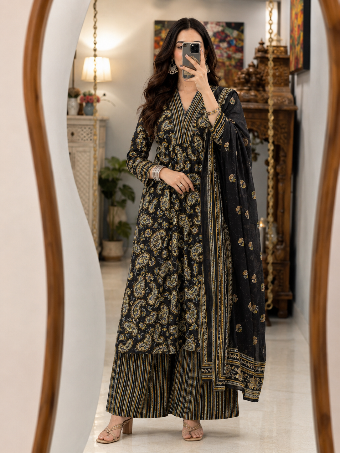 Women Cotton Ethnic Black Paisley Anarkali Style 3 Piece Kurti Palazzo Set With Dupatta