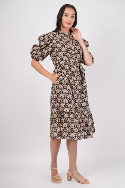 Indira Cotton Traditional Hand Block Printed Black Tiered Dress