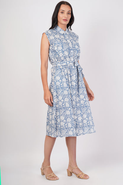 Blue Bell Sleeveless Long Cotton Front Pocket Dress With Belt
