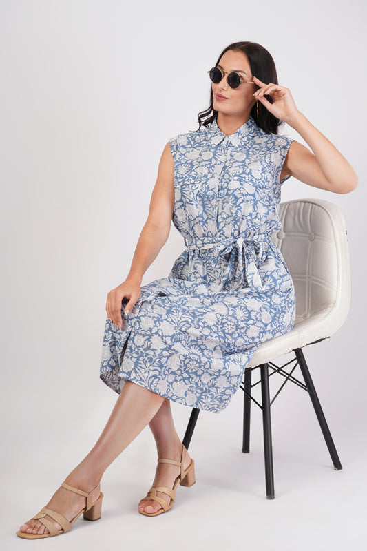 Blue Bell Sleeveless Long Cotton Front Pocket Dress With Belt