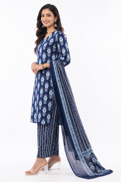 Women Cotton Indigo Blue Floral Printed Ethnic 3 Piece Kurta Pant Dupatta Set