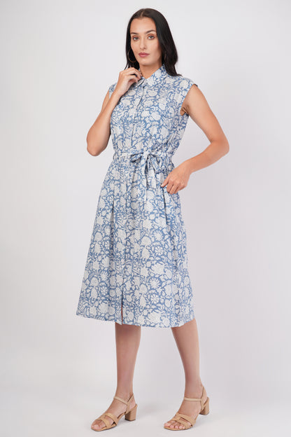 Blue Bell Sleeveless Long Cotton Front Pocket Dress With Belt