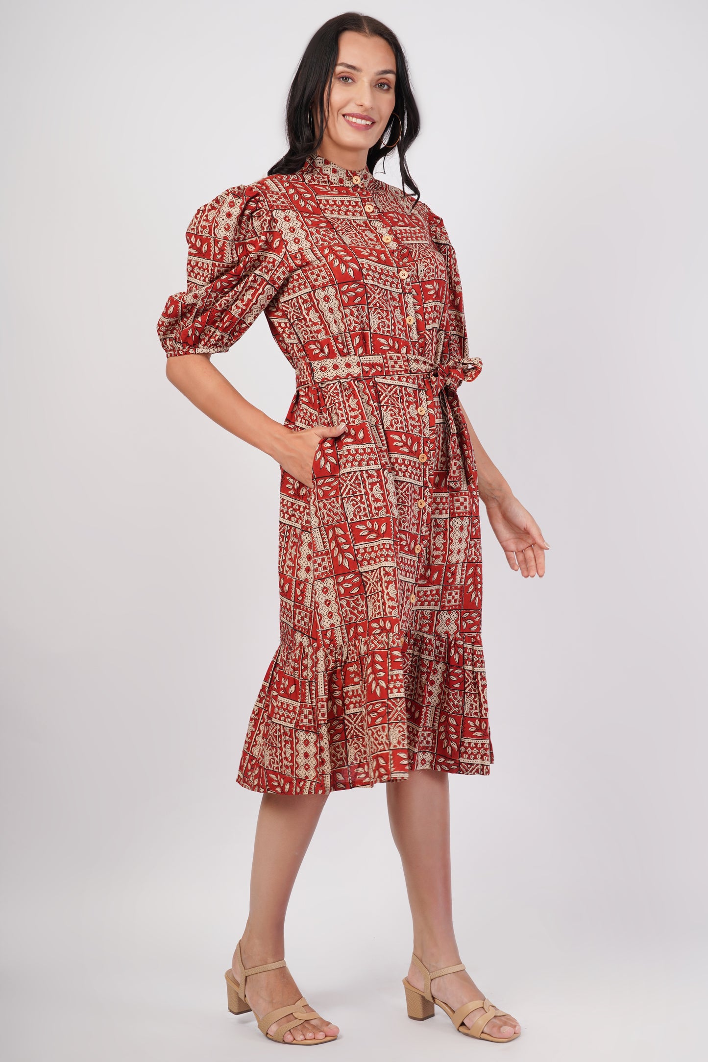 Rust Riwaayat Long Cotton Traditional Hand Block Printed Tiered Dress