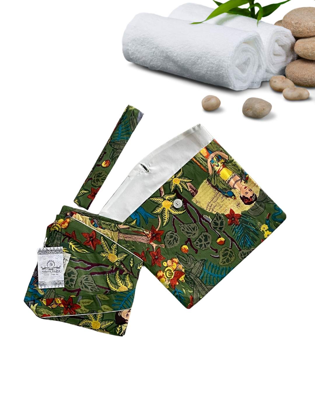 Cotton Printed Bottle Green Kahlo Kimono Kaftan Bathrobe