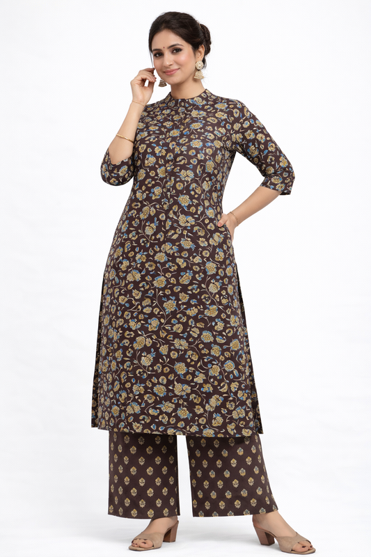 Women’s Brown Floral Ethnic Printed Cotton Kurta Set with Palazzo Pant