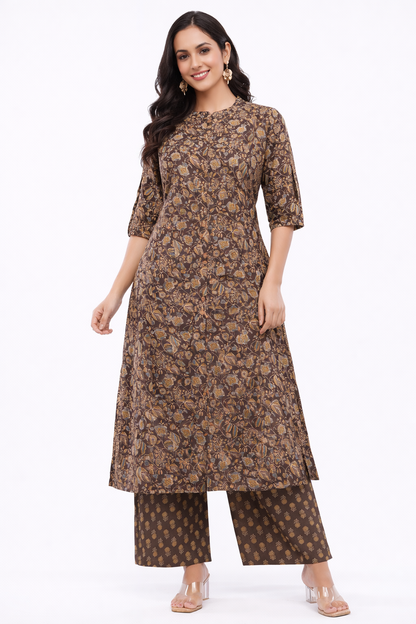 Women’s Brown Floral Ethnic Printed Cotton Kurta Set with Palazzo Pant