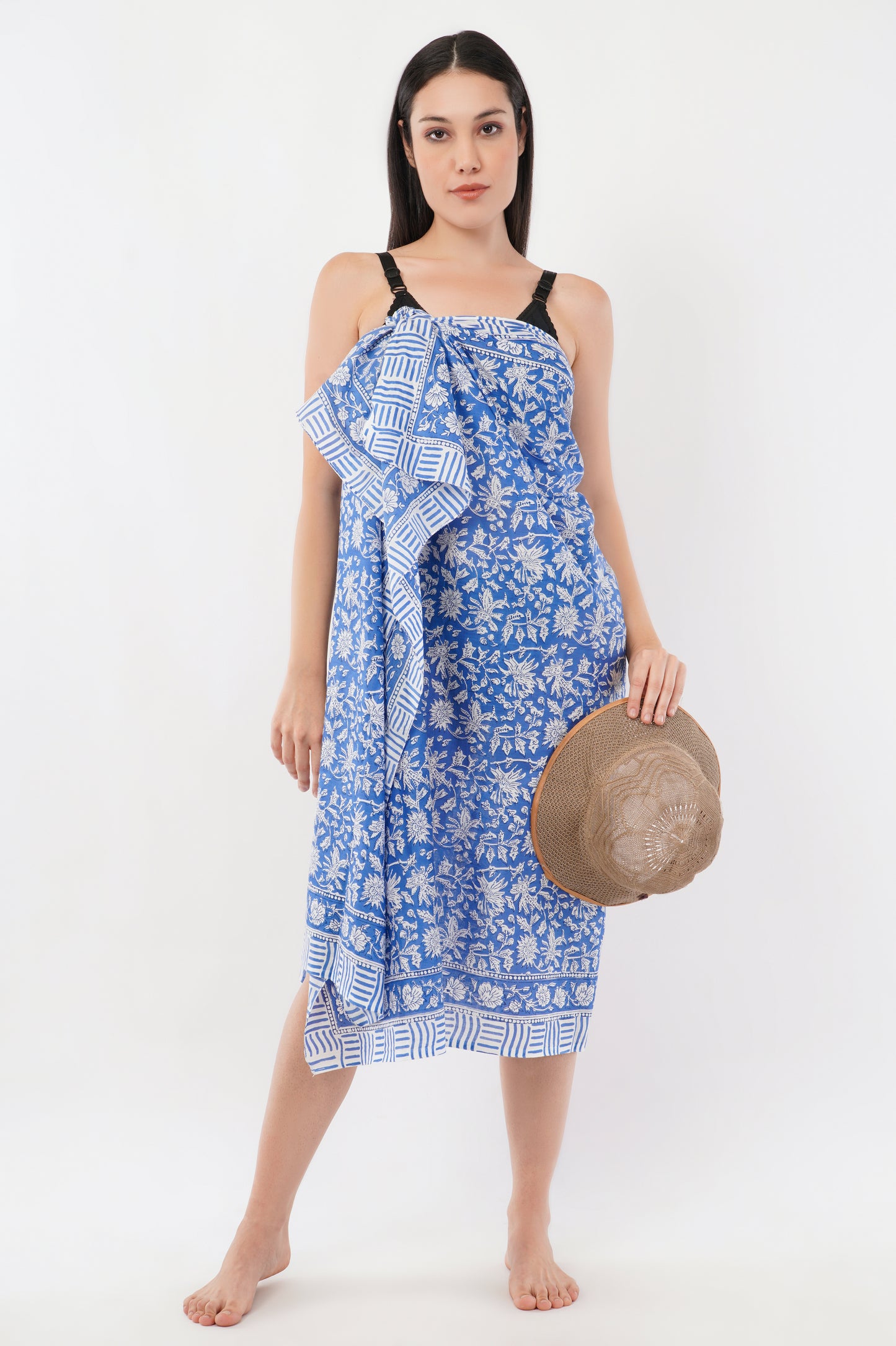 Cotton Hand Blue Floral Printed Beach Sarongs Wrap Neelkamal