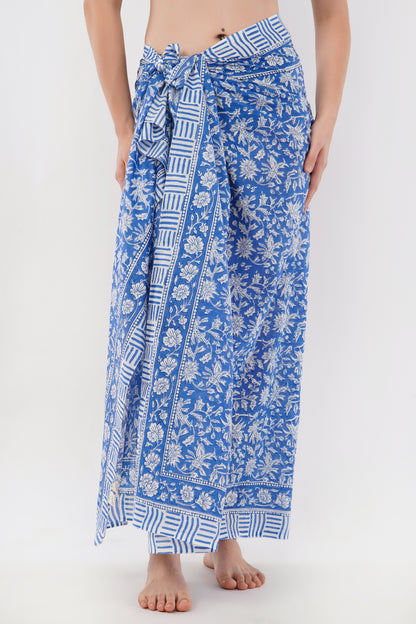 Cotton Hand Blue Floral Printed Beach Sarongs Wrap Neelkamal