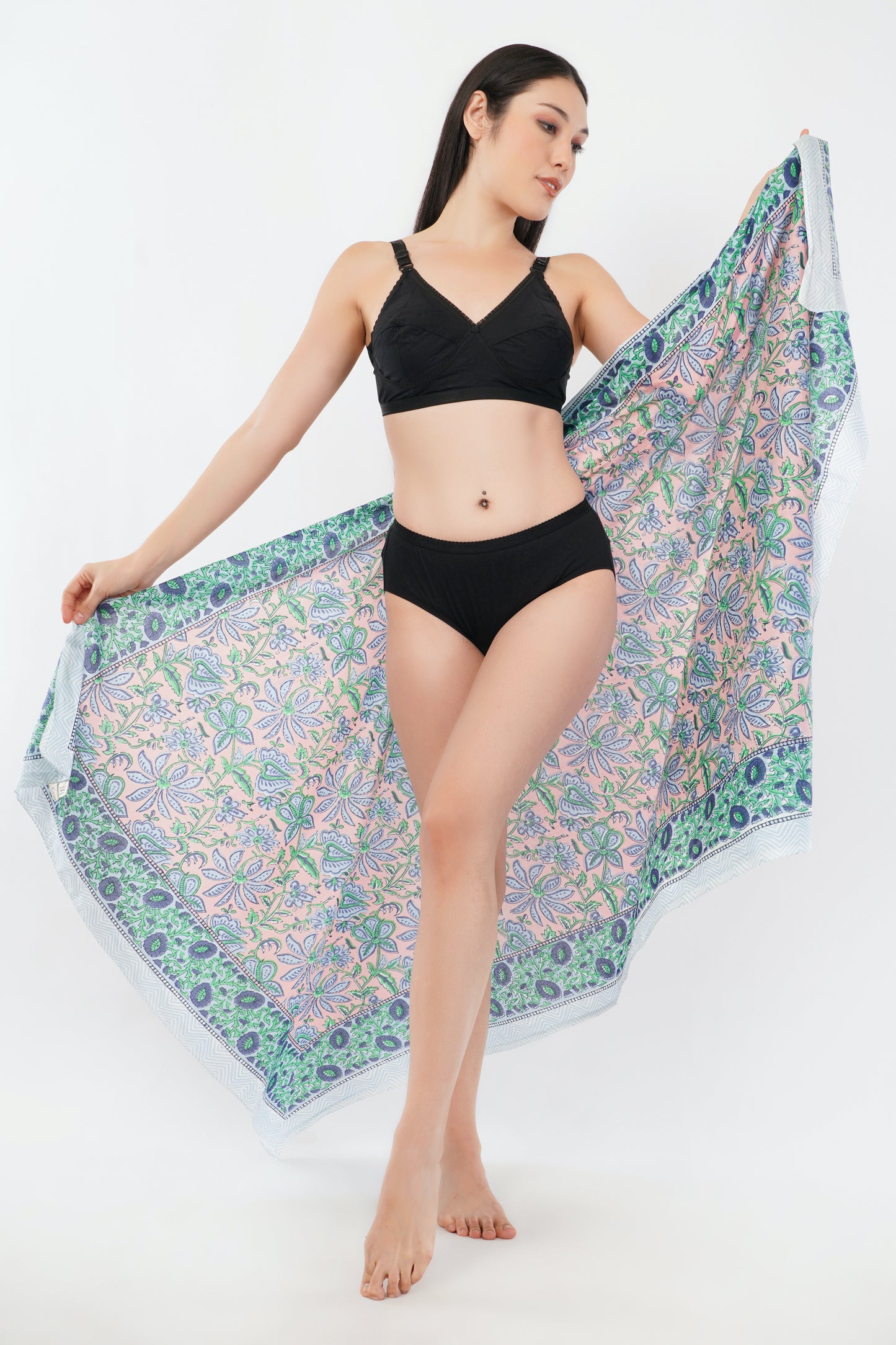 Cotton Hand Printed Turq Floral Beach Sarongs Wrap Gulbahar