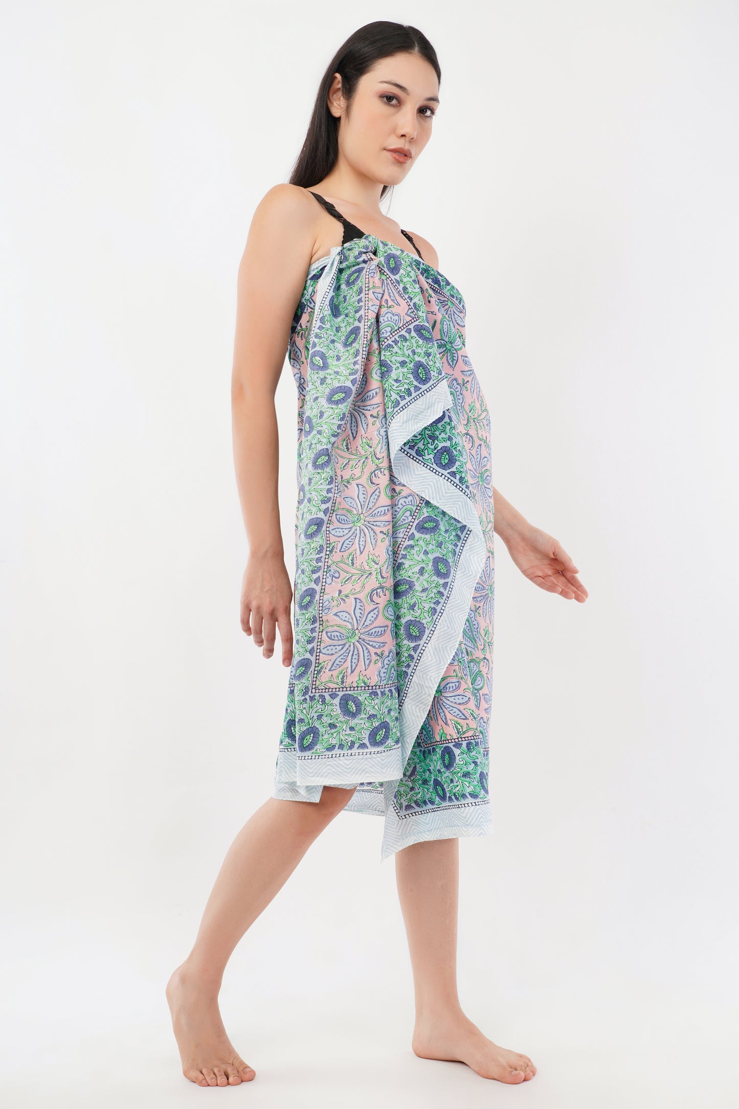 Cotton Hand Printed Turq Floral Beach Sarongs Wrap Gulbahar