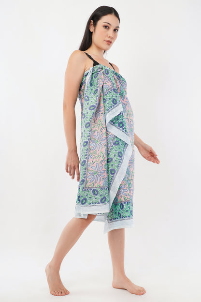 Cotton Hand Printed Turq Floral Beach Sarongs Wrap Gulbahar