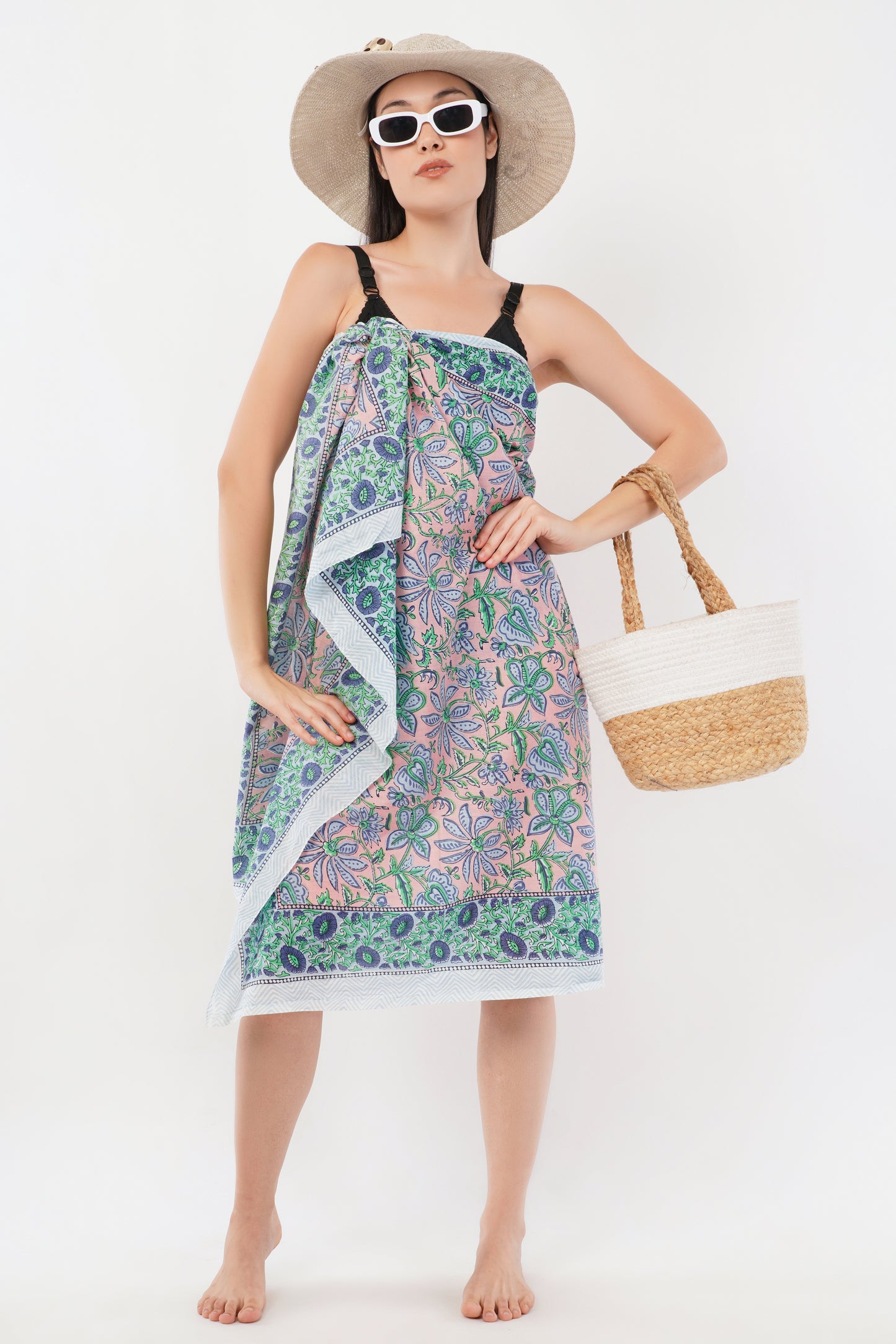 Cotton Hand Printed Turq Floral Beach Sarongs Wrap Gulbahar