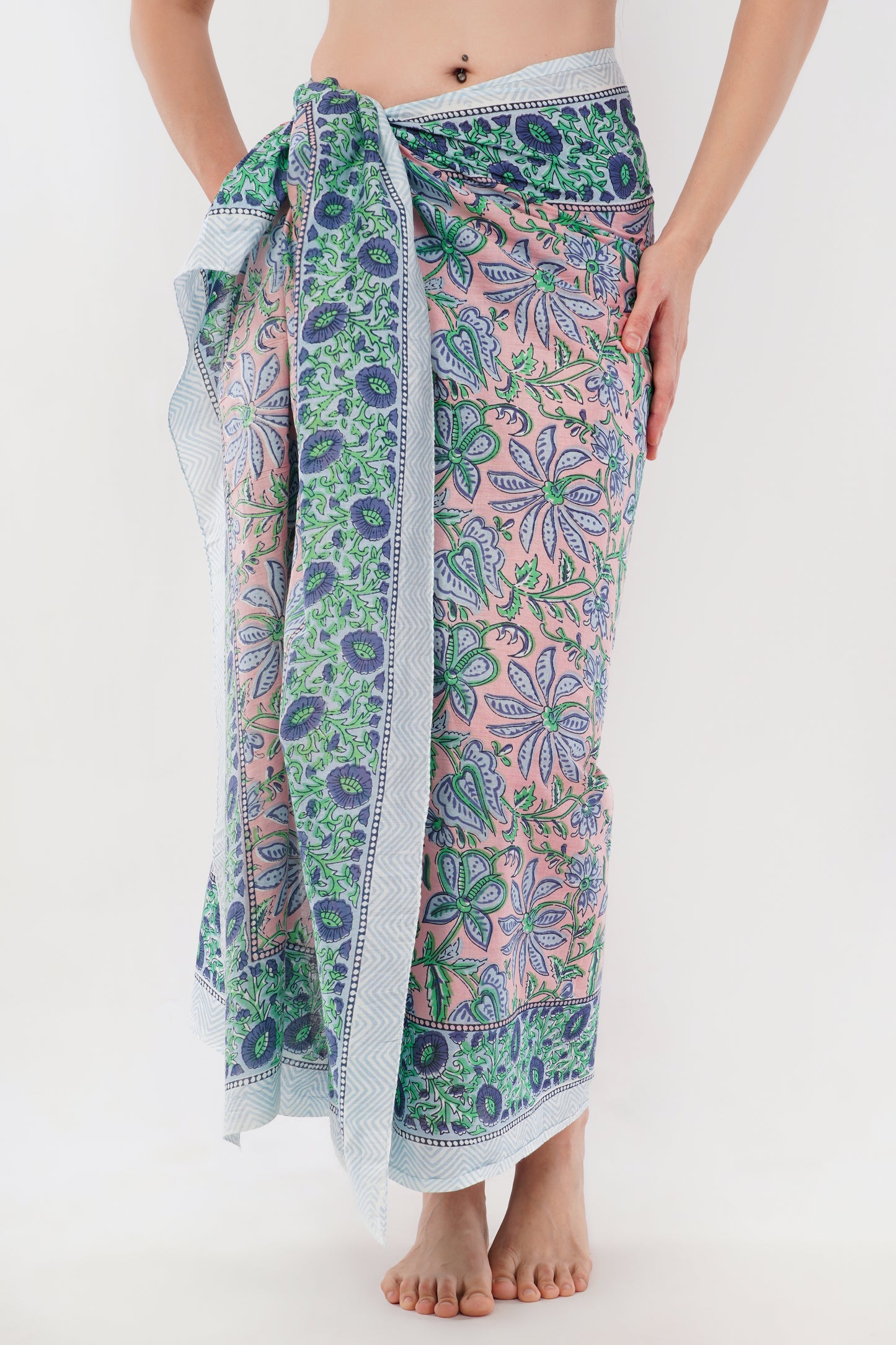 Cotton Hand Printed Turq Floral Beach Sarongs Wrap Gulbahar