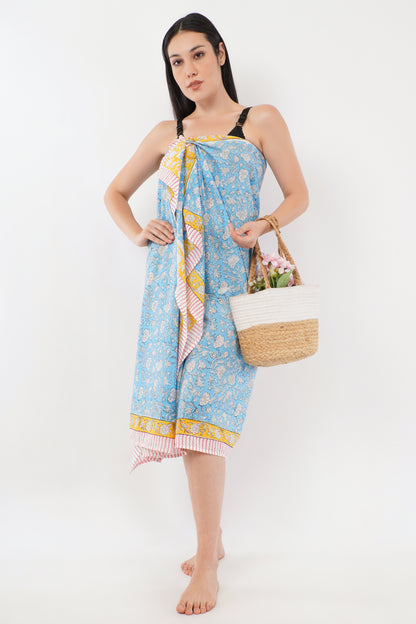 Cotton Hand Printed Turquoise Beach Sarongs Wrap Neelam