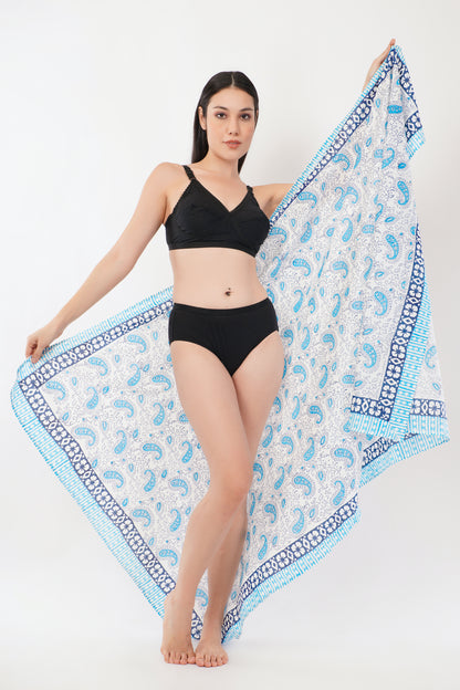 Cotton Hand Printed Blue Floral Beach Sarongs Wrap Malia