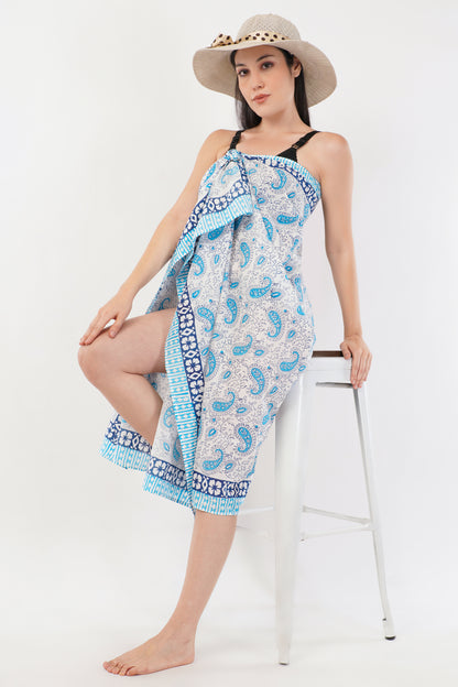 Cotton Hand Printed Blue Floral Beach Sarongs Wrap Malia