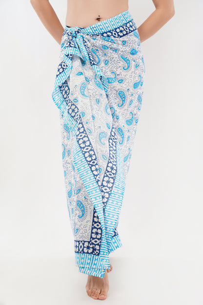 Cotton Hand Printed Blue Floral Beach Sarongs Wrap Malia