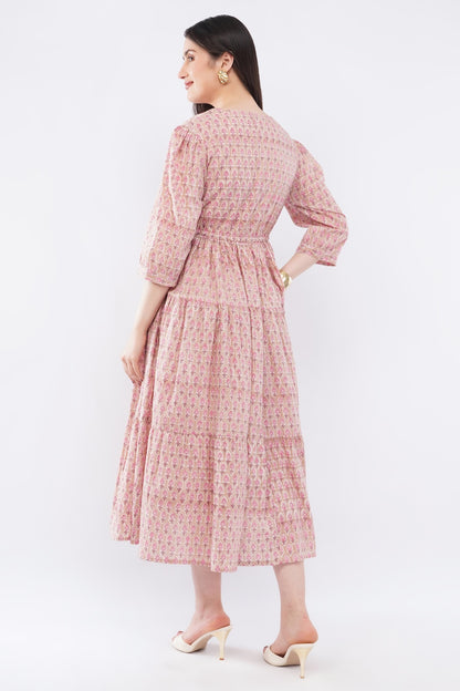 Pink Floral Gul Booti Cotton Midi Tiered Maxi Dress for Women