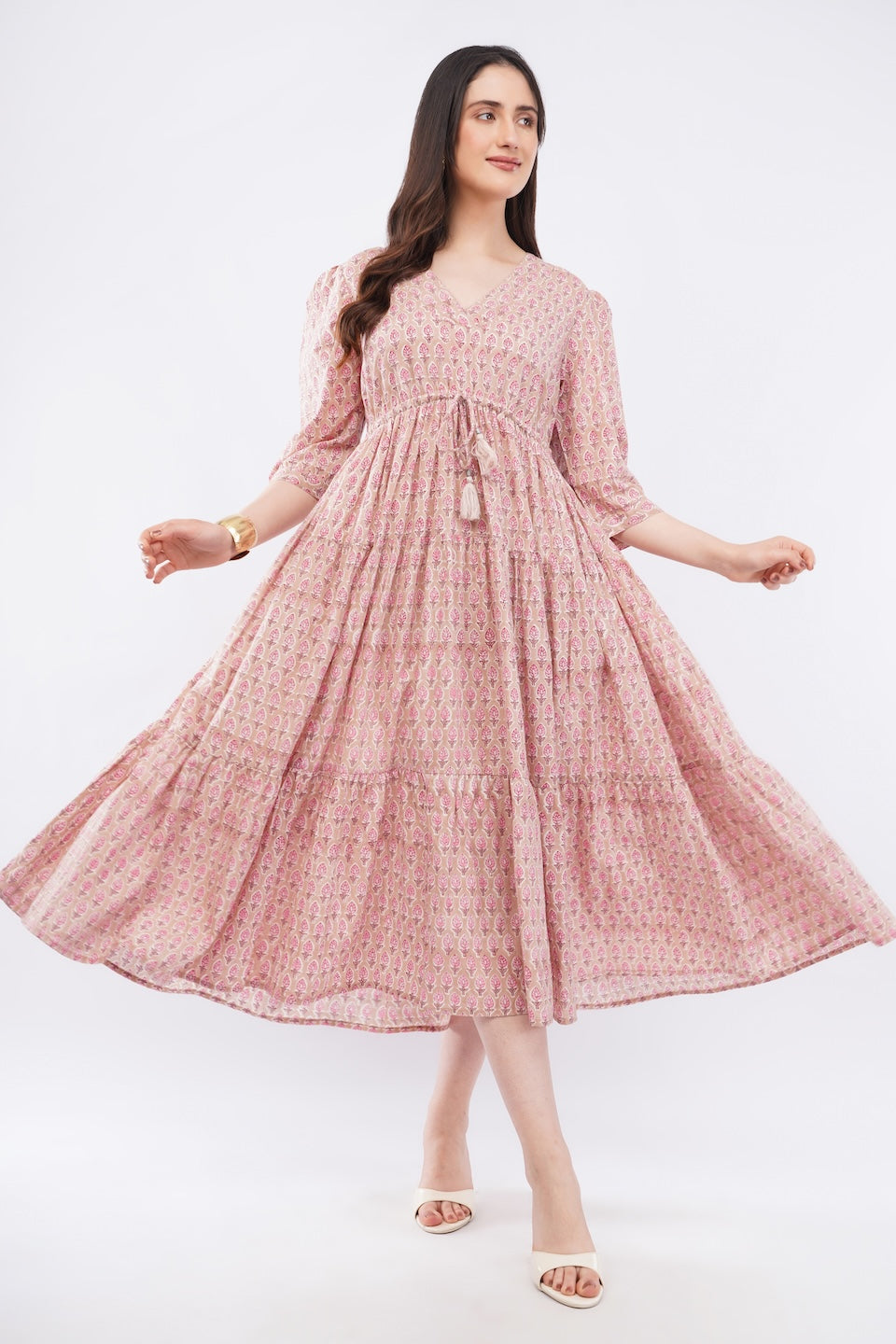 Pink Floral Gul Booti Cotton Midi Tiered Maxi Dress for Women