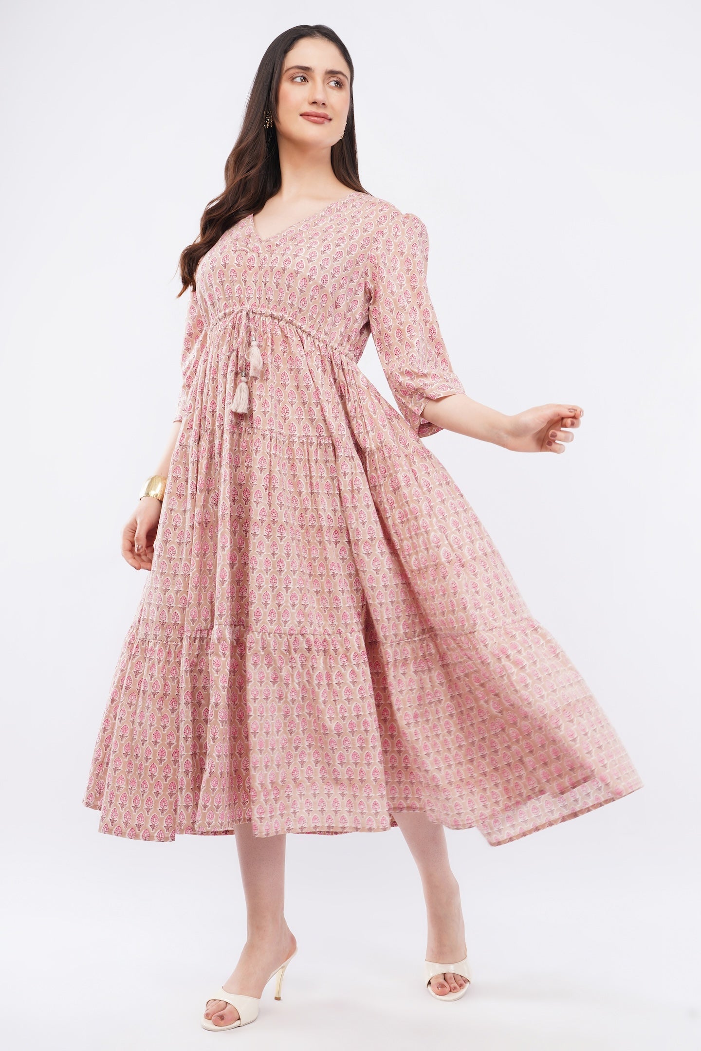 Pink Floral Gul Booti Cotton Midi Tiered Maxi Dress for Women