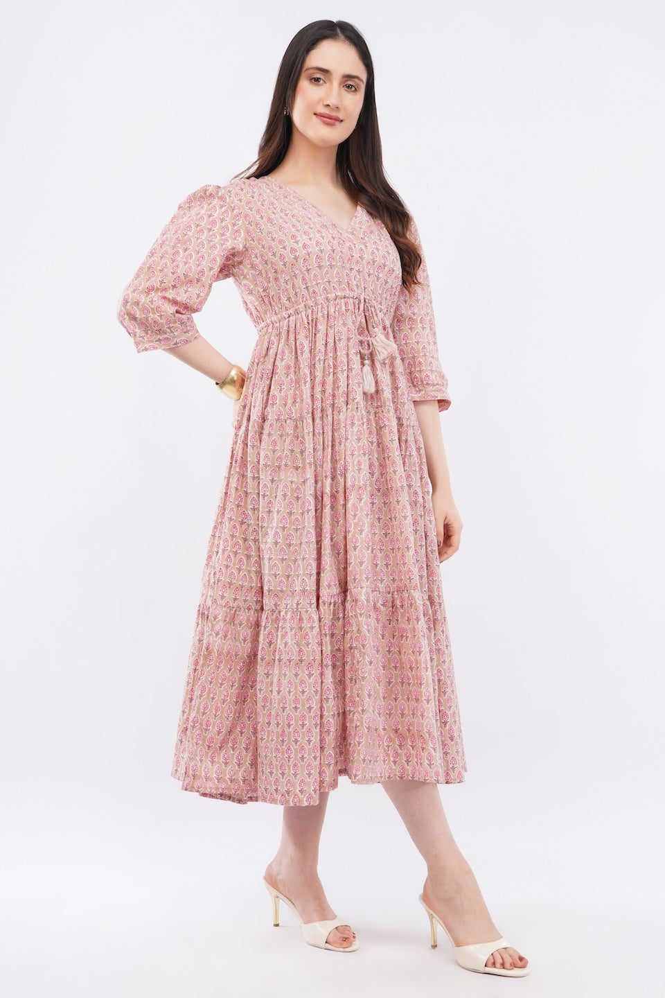 Pink Floral Gul Booti Cotton Midi Tiered Maxi Dress for Women