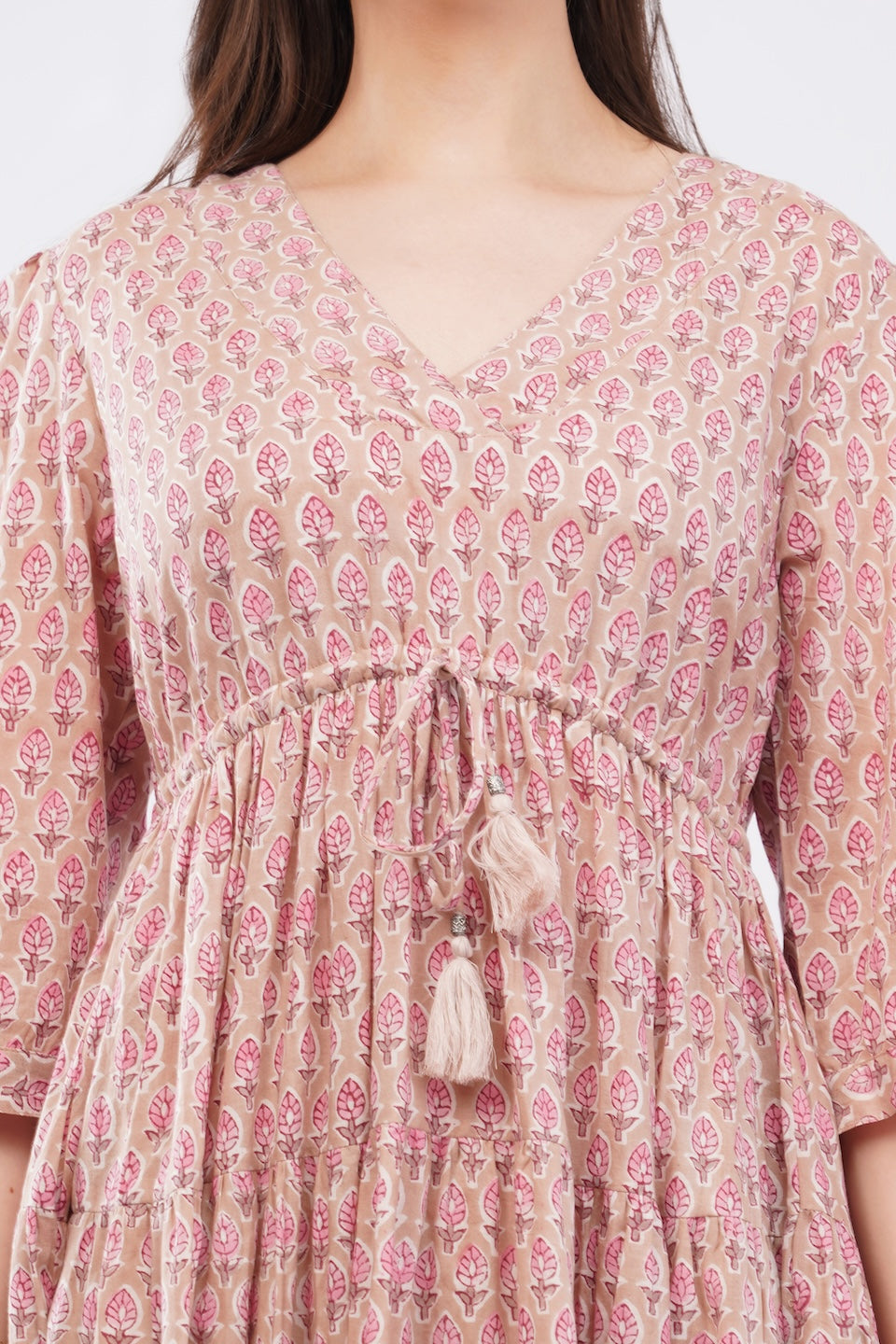 Pink Floral Gul Booti Cotton Midi Tiered Maxi Dress for Women
