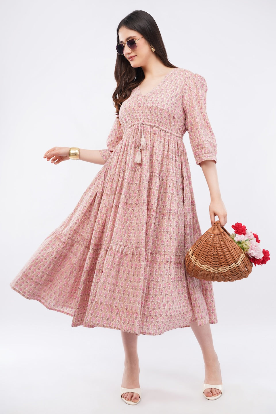 Pink Floral Gul Booti Cotton Midi Tiered Maxi Dress for Women