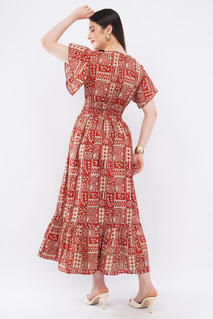 Floral Cotton Antique Rust Long Maxi Dress with Smocked Waist & Ruffle Sleeves