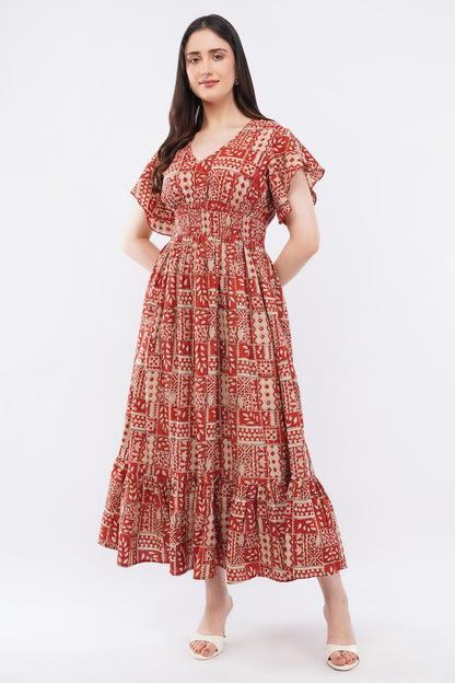 Floral Cotton Antique Rust Long Maxi Dress with Smocked Waist & Ruffle Sleeves