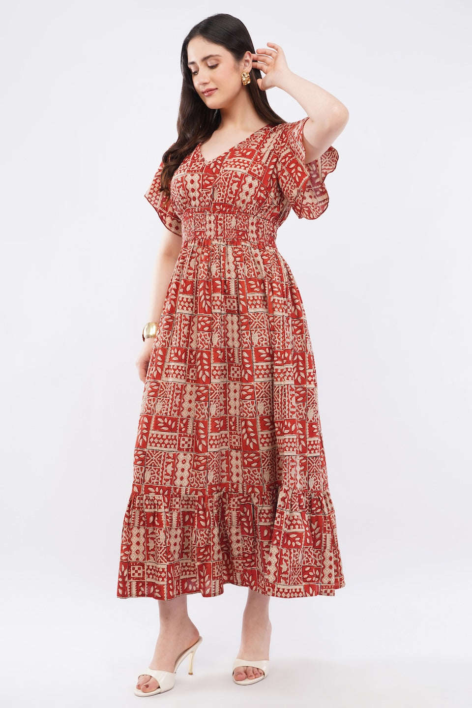 Floral Cotton Antique Rust Long Maxi Dress with Smocked Waist & Ruffle Sleeves